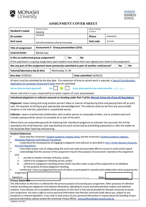 Monash Business School Assignment Cover Sheet Assignment Cover Sheet