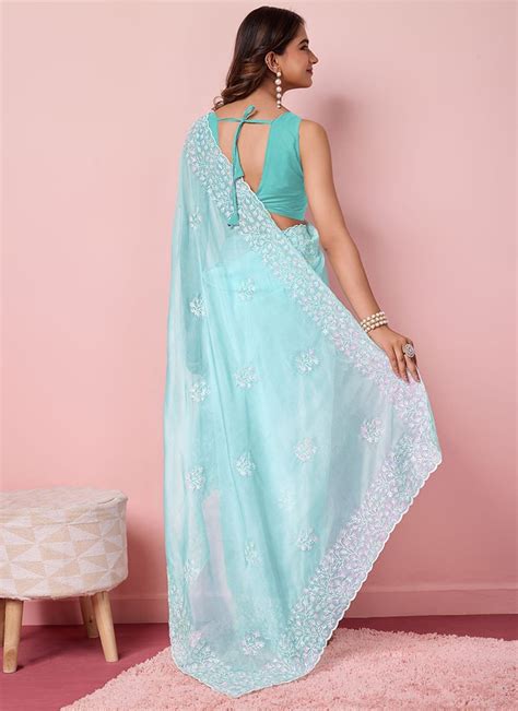 Buy Sky Blue Silk Embroidered Sequins Classy Saree With Blouse For