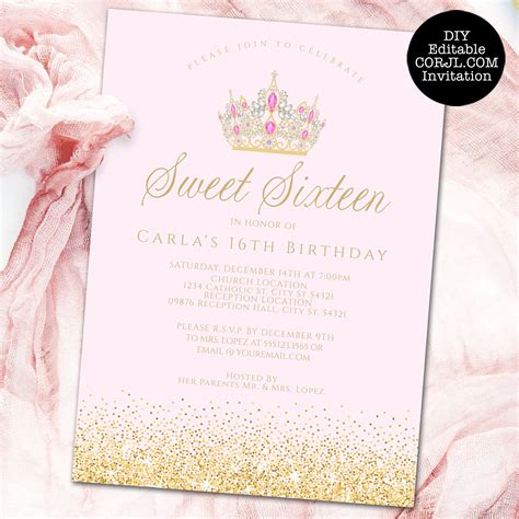 Pink Sweet Sixteen Invitations Gold And Pink Glitter Sweet 16 Etsy