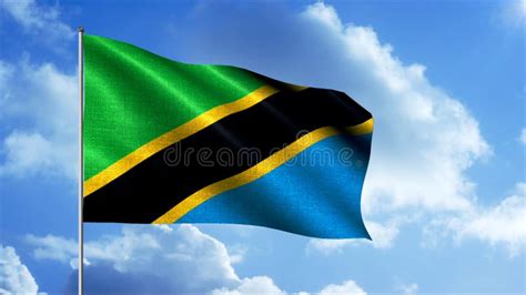 Abstract Realistic Flag Of Tanzania With Waving Fabric Against A Cloudy