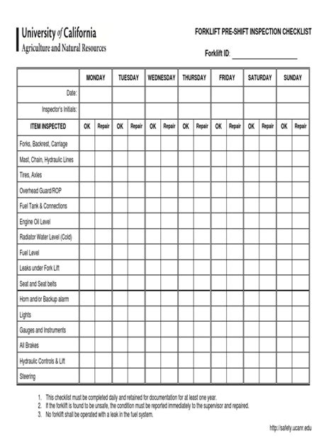 Monthly Forklift Inspection Form Pdf Fill Online