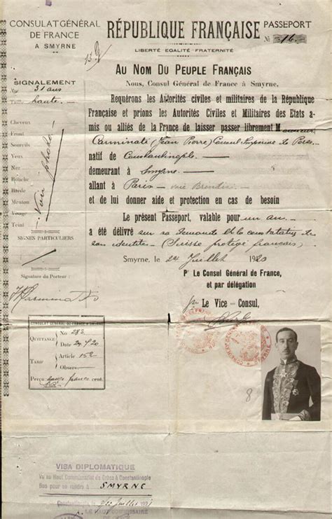 Examples of a diplomatic passport issued by the French Consulate in Smyrna, 1920