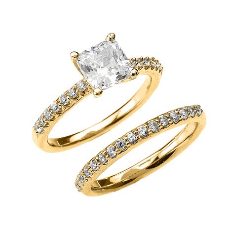 Yellow Gold Princess CZ Classic Engagement Wedding Ring Set