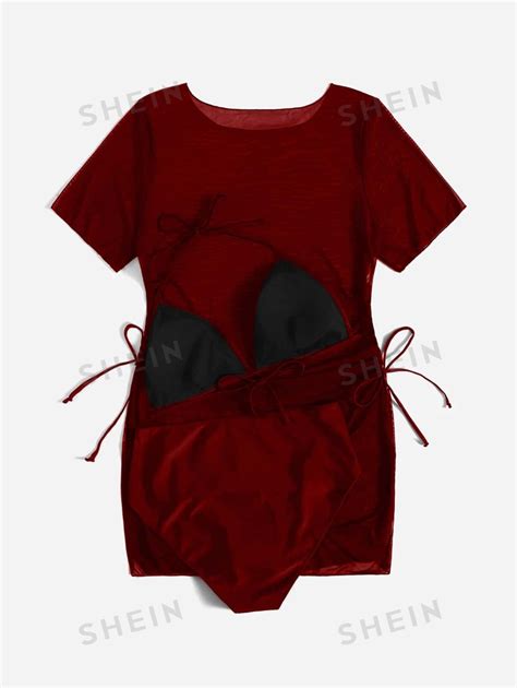 SHEIN Swim Curve Conjunto de Maiô Bikini sólido Plus Size de peças modelo Halter e Triângulo