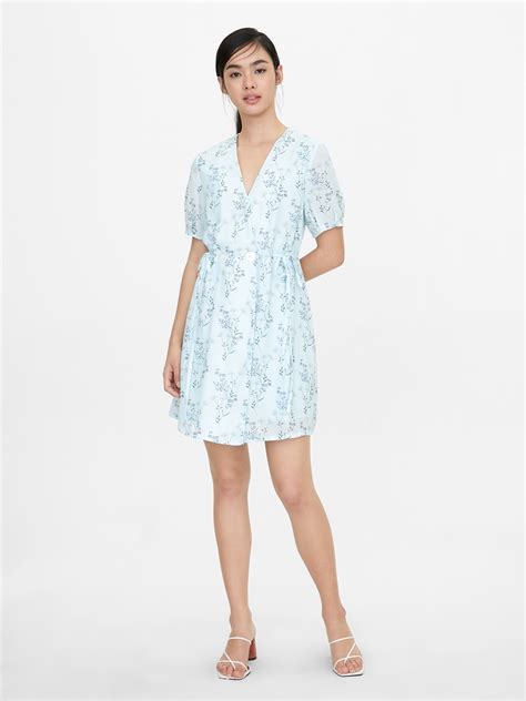 Double Button Wrap Floral Dress Blue Pomelo Fashion