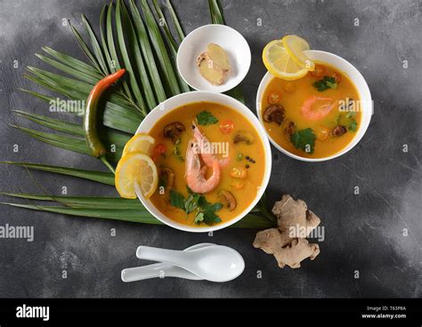 Tom Yum Traditional Spicy Thai Soup With Coconut Milk Chili Pepper Lemon Mushrooms Asian