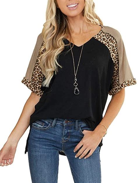 Prettoday Women S Leopard Print Short Sleeve Shirts V Neck Color Block