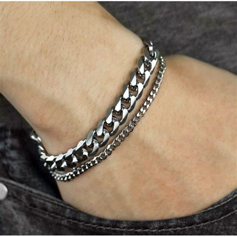 Pulsera Para Hombre Doble Cadena En Acero Inoxidable Negro O Plateado