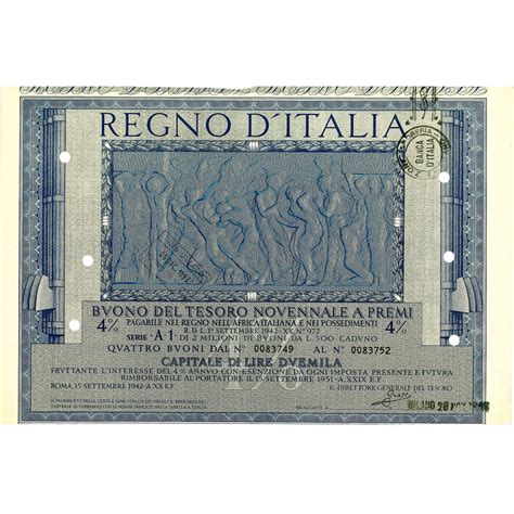 1942 09 Buono Del Tesoro Novennale A Premi 4 Lire 2000 Roma