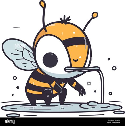 Cute Cartoon Bee In Puddle Of Water Vector Illustration Stock Vector