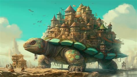 Premium Ai Image A City Built On The Back Of A Giant Turtle Fantasy