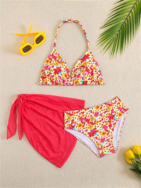 SHEIN Cute Girls Ditsy Floral Triangle Bikini Top And Mesh Skirt Pieces Swimsuit Set Print