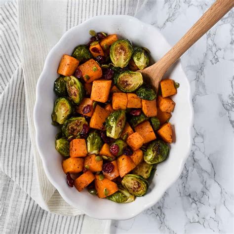 Roasted Butternut Squash With Brussels Sprouts And Dried Cranberries