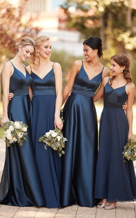 Elegant Navy Blue Satin Bridesmaid Dressspaghetti Straps Long V Neck