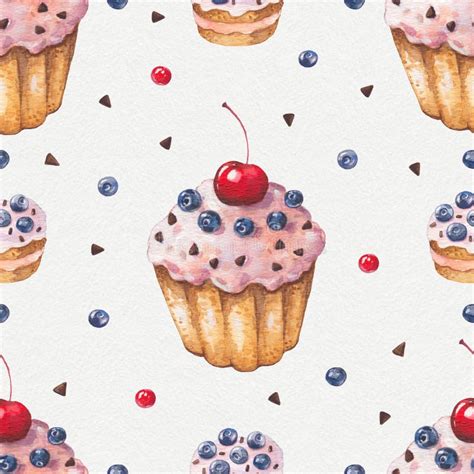 Watercolor Colorful Cupcake Seamless Pattern Stock Illustration