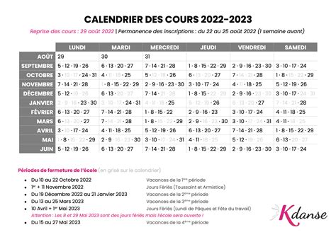 ÉCOLE KDANSE Calendrier des cours 2022 2023