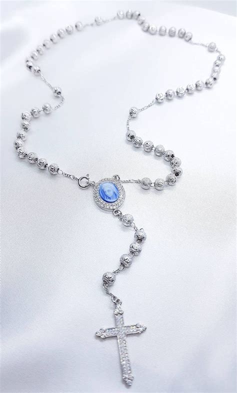 Rosary Necklace Sterling Silver Virgin Mary Medal Rosary Beads