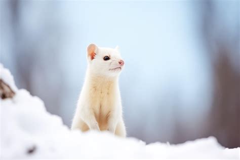 Premium Photo | White stoat poised alertly on snow