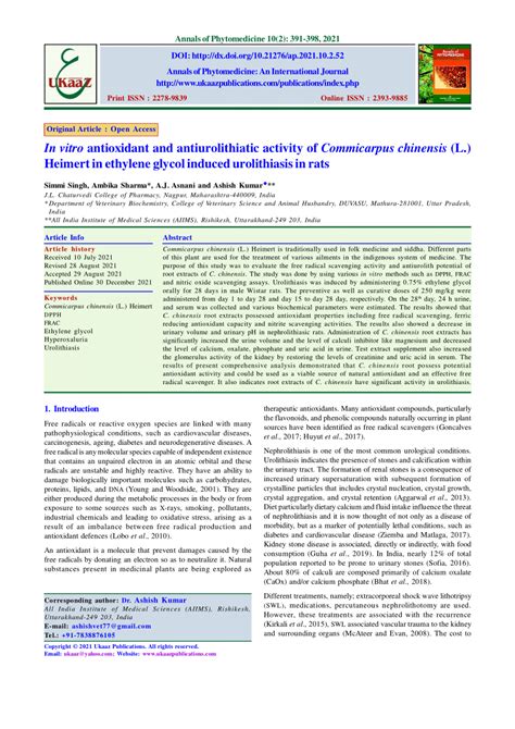 Pdf In Vitro Antioxidant And Antiurolithiatic Activity Of Commicarpus