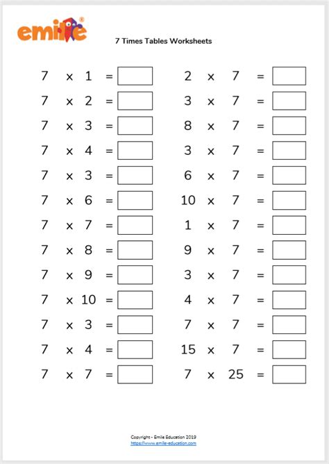 7 Times Table Worksheet