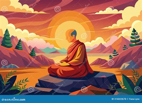 Buddhist Monk Meditating On Mountain At Sunrise Spiritual