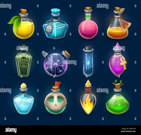 Halloween Witchcraft Potion And Poison Cartoon Bottles Phials And