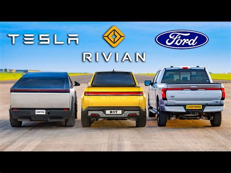 Electric Pickup Truck Drag Race Tesla Cybertruck Vs Rivian R1t Vs Ford F 150 Lightning E