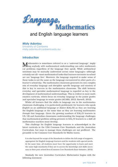 Pdf Language Mathematics And English Language Learners