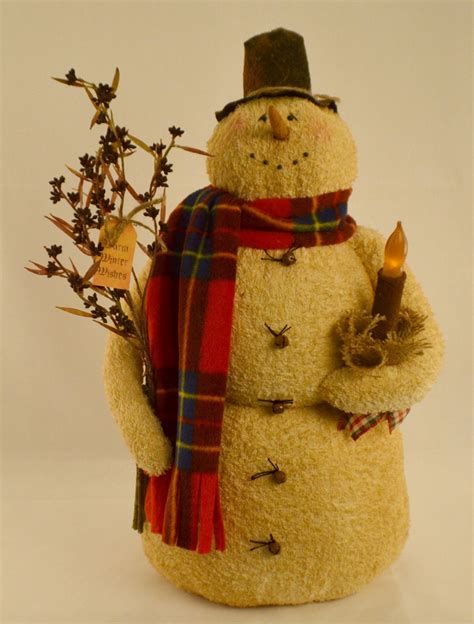 Primitive Fabric Stuffed Snowman With Candle For Winter Decor