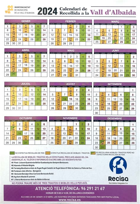 Calendario de recogida de basura 2024 Ajuntament de Benigànim