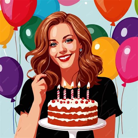 Premium Vector Smiling Woman Celebrating Birthday With Cake And