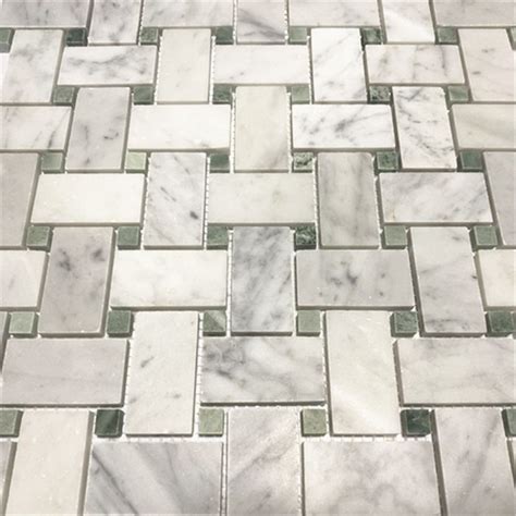 Statuary White Marble 1x2 Basketweave Mosaic Tile W Green Dots Honed