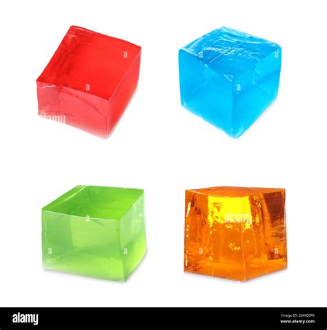 Set Of Different Delicious Jelly Cubes On White Background Stock Photo