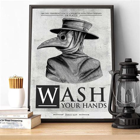 Vintage Poster Plague Doctor Wash Your Hand Sign Black White Retro Wall