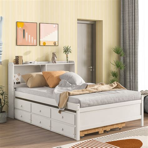 Full Size Platform Bed With Twin Trundle And 3 Storage Drawers Wooden