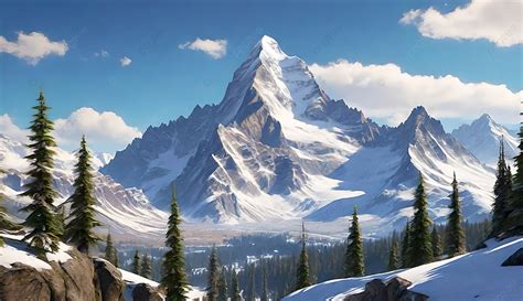 Artistic Depiction Mountain Stream Background, Mountain Range, Winter, Mountain Peak Background ...