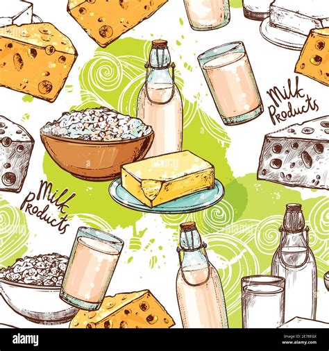 Milk Seamless Pattern With Sketch Healthy Dairy Products Vector