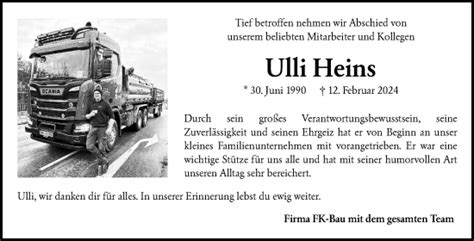 Traueranzeigen Von Ulli Heins Zvw Trauer