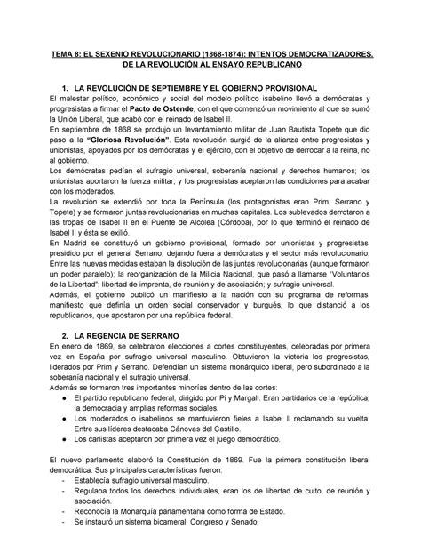 Tema 8 El Sexenio Revolucionario 1868 1874 Intentos Democratizadores