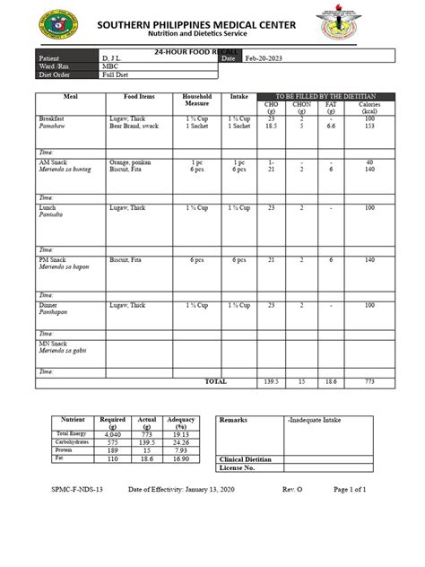 24 Hour Food Recall Pdf Dietitian Calorie
