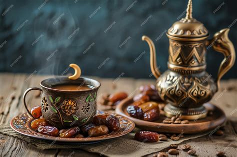 Premium Photo Arabic Coffee And Dates Dallah With Crescent Moon