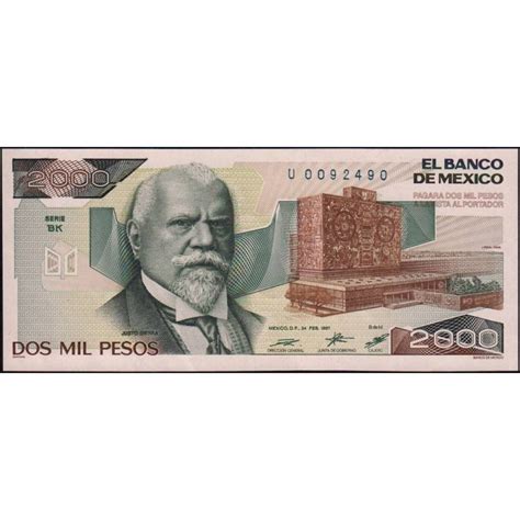 Mexique Pick 86b 2 000 pesos Série BK Préfixe U 24 02 1987