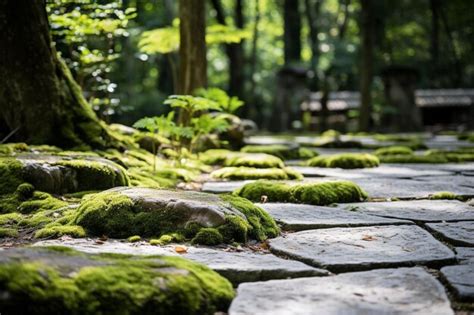 Premium Photo Garden Stone Path With Grass Growing Up Between The