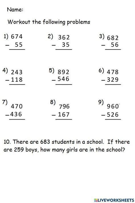 Subtraction Online Exercise For 3 Live Worksheets