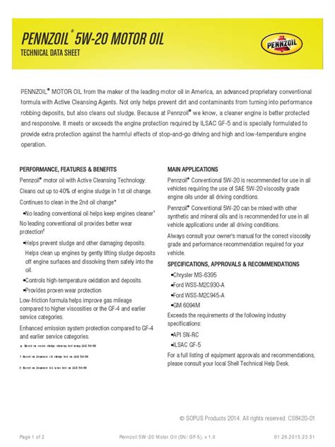 Pennzoil 5w 20 Motor Oil Technical Data Sheet Pdf Motor Oil Oils