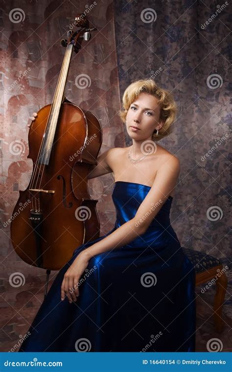 Blonde Woman In Evening Dress With Cello Stock Photo Image Of Female Face