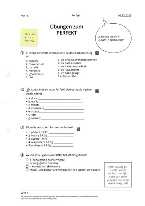 Arbeitsblatt - Perfekt - Latein - tutory.de