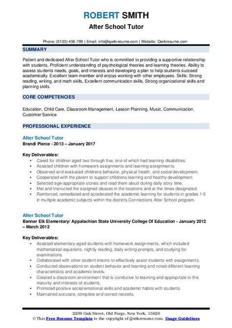 After School Tutor Resume Samples Qwikresume