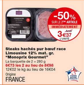 Promo Steaks Hachés Pur Bœuf Race Limousine 12 Mat Gr monoprix