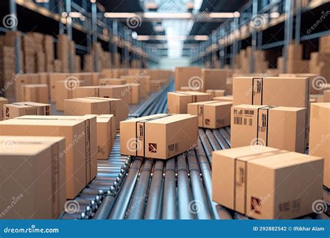 Boxes On Conveyor Belt In Warehouse 3D Rendering Cardboard Boxes On